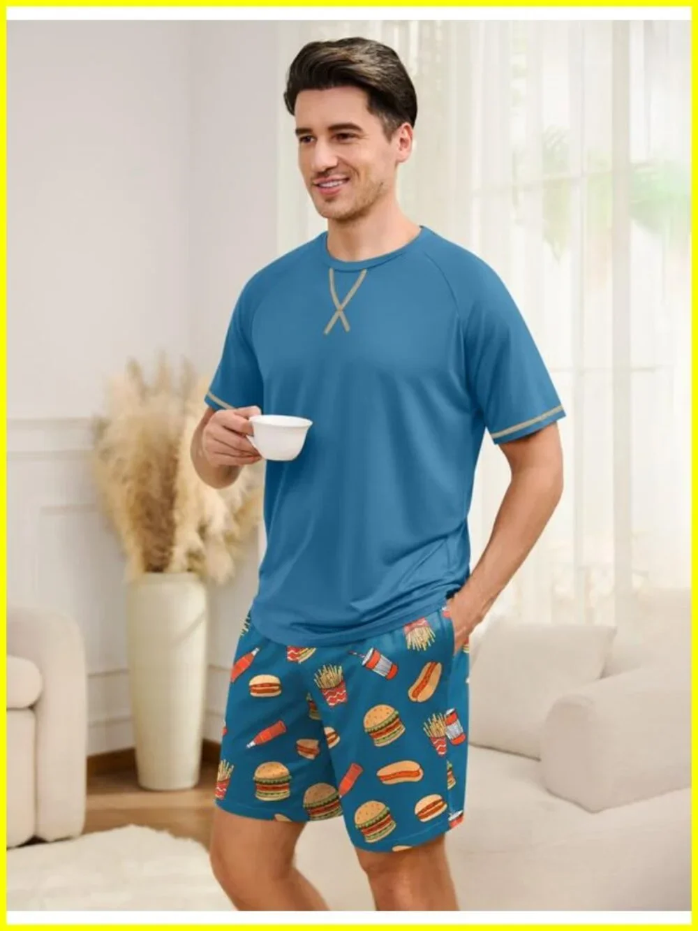 Men's Cotton Pajama Set with Pockets, Short Sleeve Sleepwear, Lounge Set,